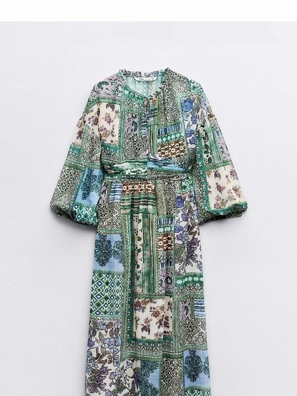 Zara Patchwork Print Dress Midi in Green & Blue